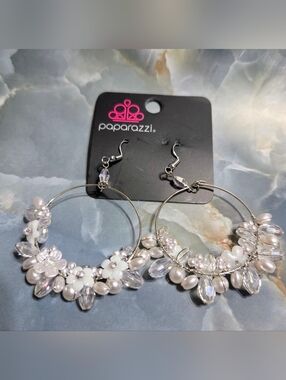 Paparazzi Silver White Floral Crystal Hoop Earrings